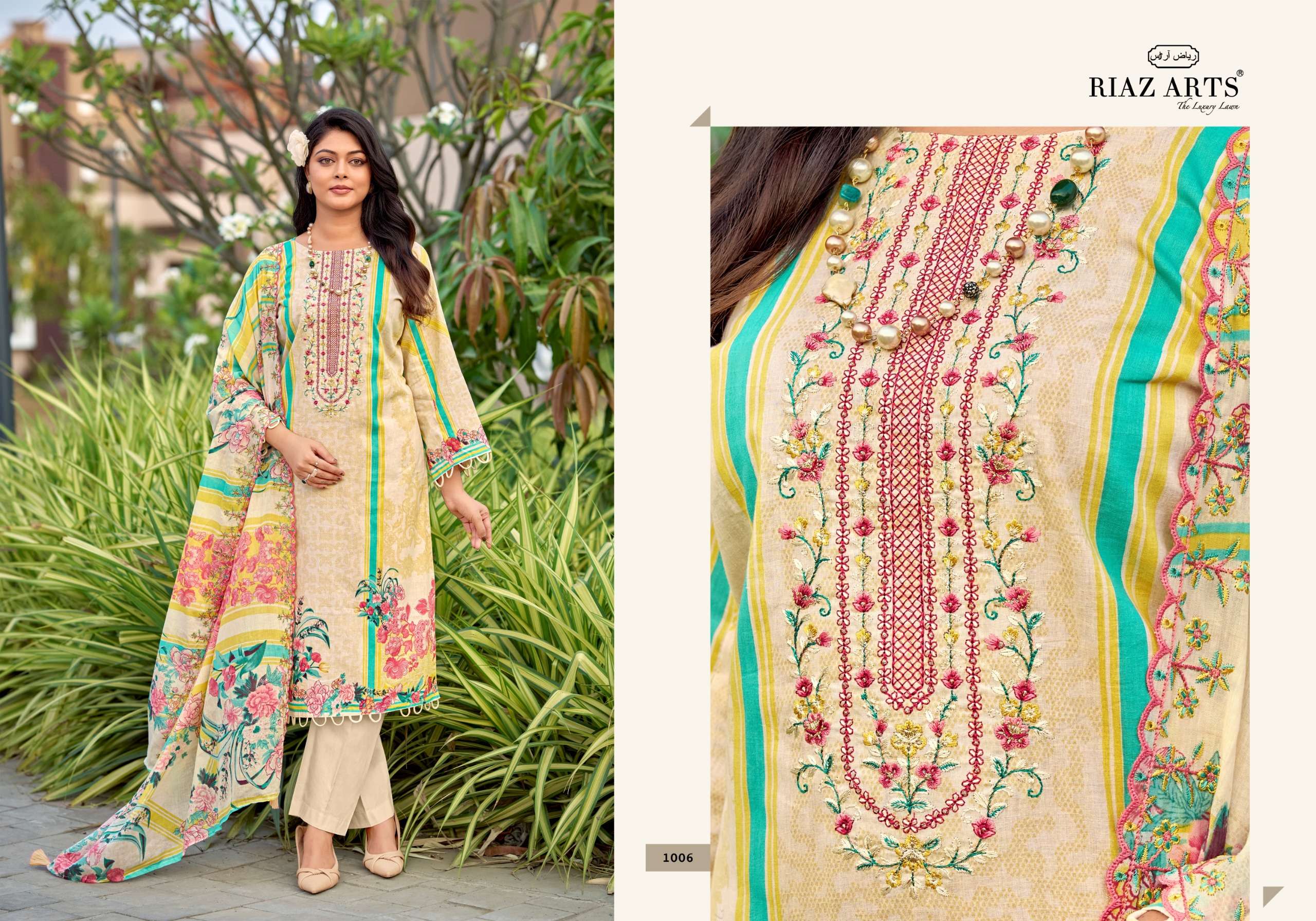 RIAZ ARTS HUMDUM TOP & DUP WORK LAWN COTTON DESIGNER PAKISTANI STYLE SUIT TEXTILE MARKET 